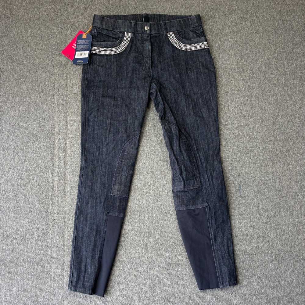 Horze Crescendo Denim Riding‎ Breeches Dark Wash Studded Knee Patch USA 30 NEW